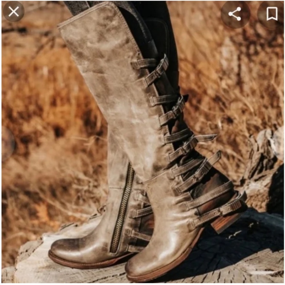 Freebird by Steven Waterford Grey Distressed Leather Knee High Strappy Boots
